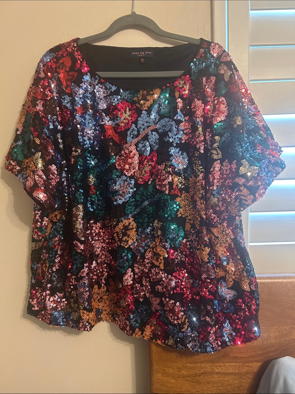Skies Are Blue Multicolor Floral Sequin Short Sleeve Blouse